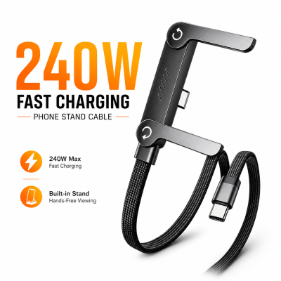 240W 5A Fast Charging & Sync USB-C to USB-C Cable – Braided Cord with Built-in Folding Phone Stand for Landscape & Portrait Viewing